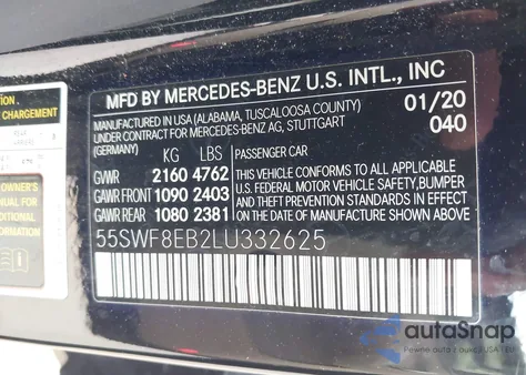 2020 Mercedes-Benz C 300 4Matic из США, поврежденный, VIN 55SWF8EB2LU332625